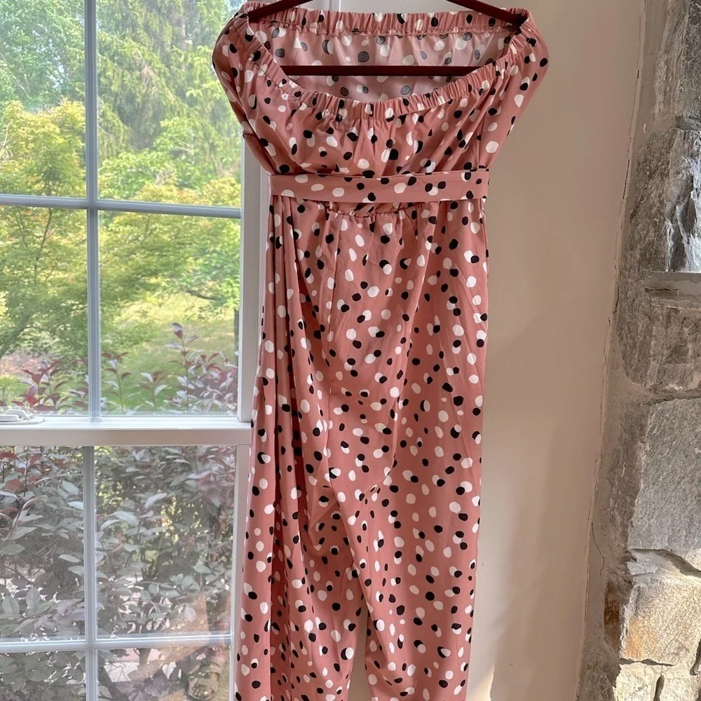 Pink Black Polka Dot Strapless Split Leg Jumpsuit Party S…